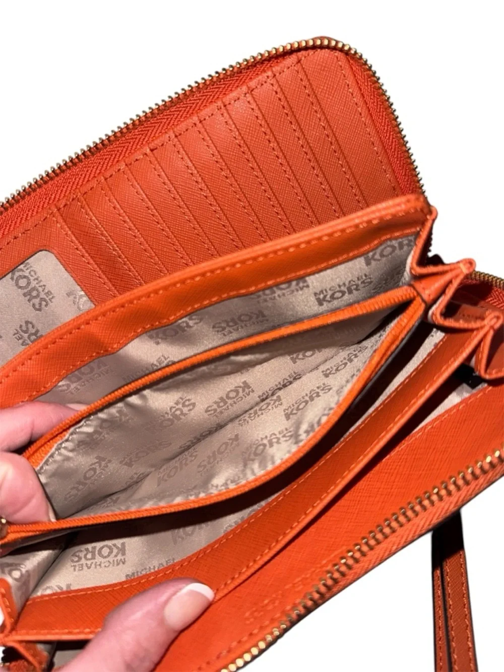 Michael Kors Signature MK Zip Around Wallet with Orange Stripe - Picture 2 of 9